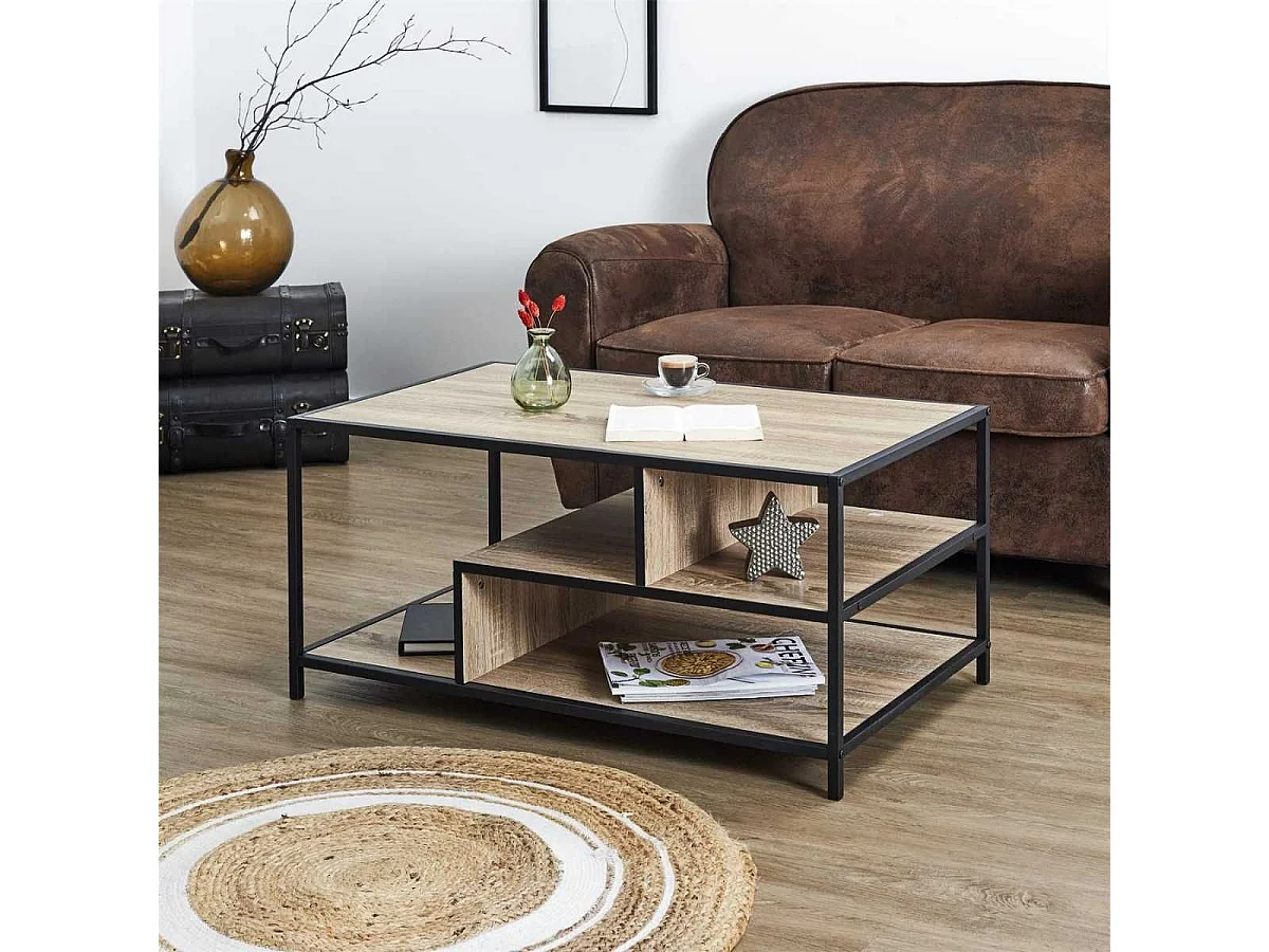 Table basse en métal noir et plateaux aspect bois - EDDY