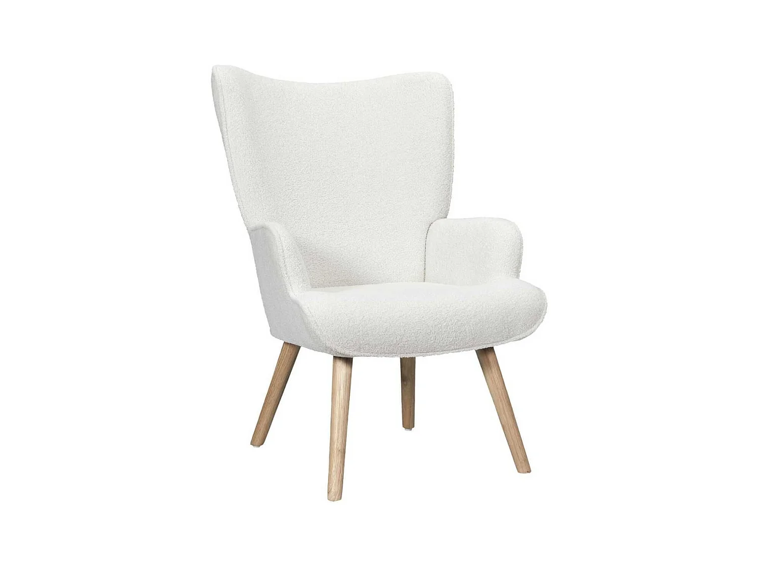 Fauteuil de salon en tissu bouclette blanc pieds en bois d'hévéa - REGINA