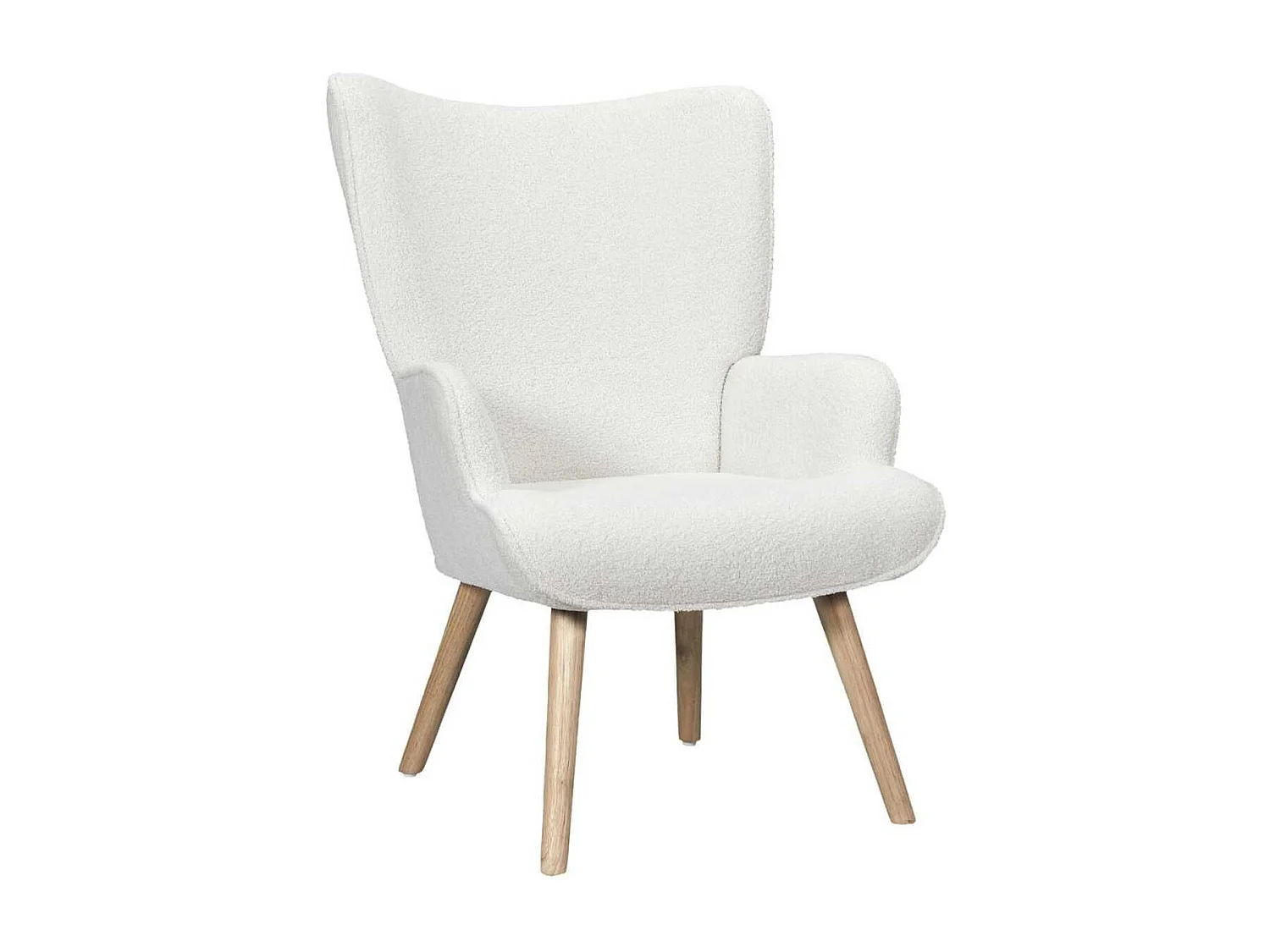 Fauteuil de salon en tissu bouclette blanc pieds en bois d'hévéa - REGINA