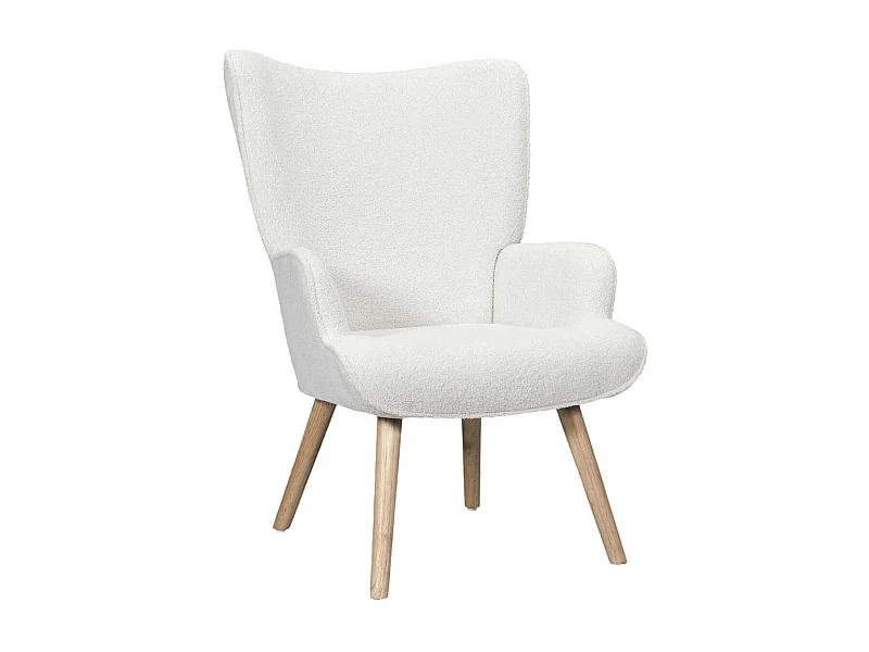 Fauteuil de salon en tissu bouclette blanc pieds en bois d'hévéa - REGINA