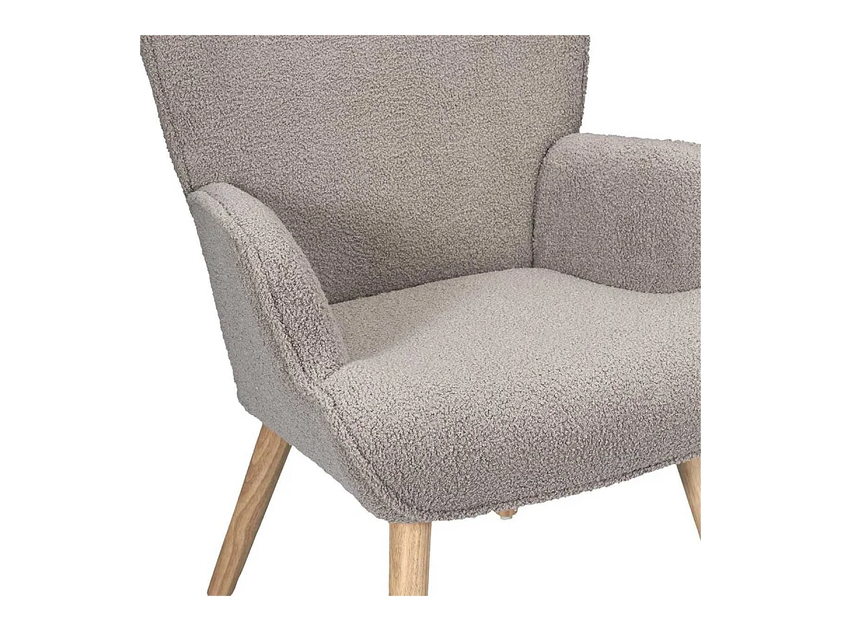Fauteuil de salon en tissu bouclette taupe pieds en bois d'hévéa - REGINA