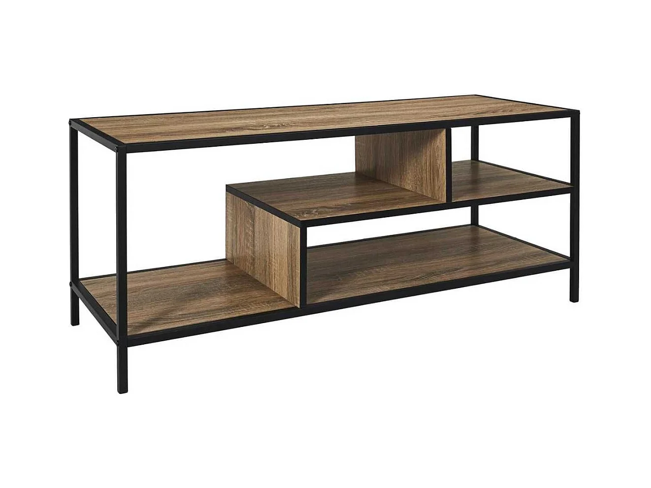 Banc TV en métal noir et plateaux aspect bois - EDDY