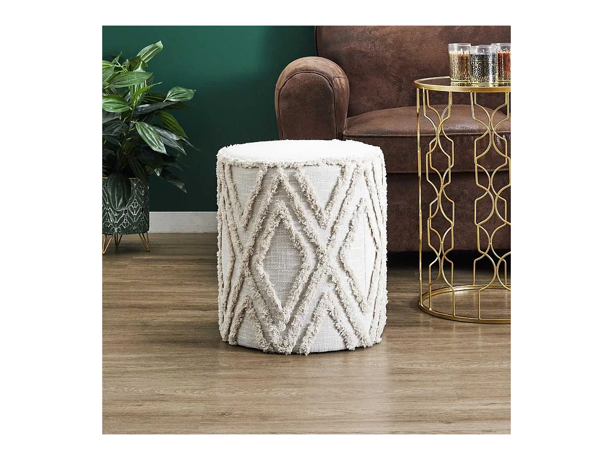 Pouf tissu relief ton sur ton style bohème beige - RAMIA