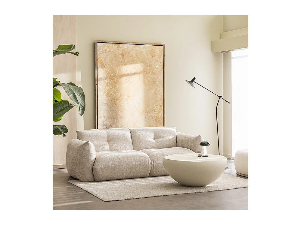 Bocca - Canapé droit 3 places en tissu à dossier capitonné - Écru