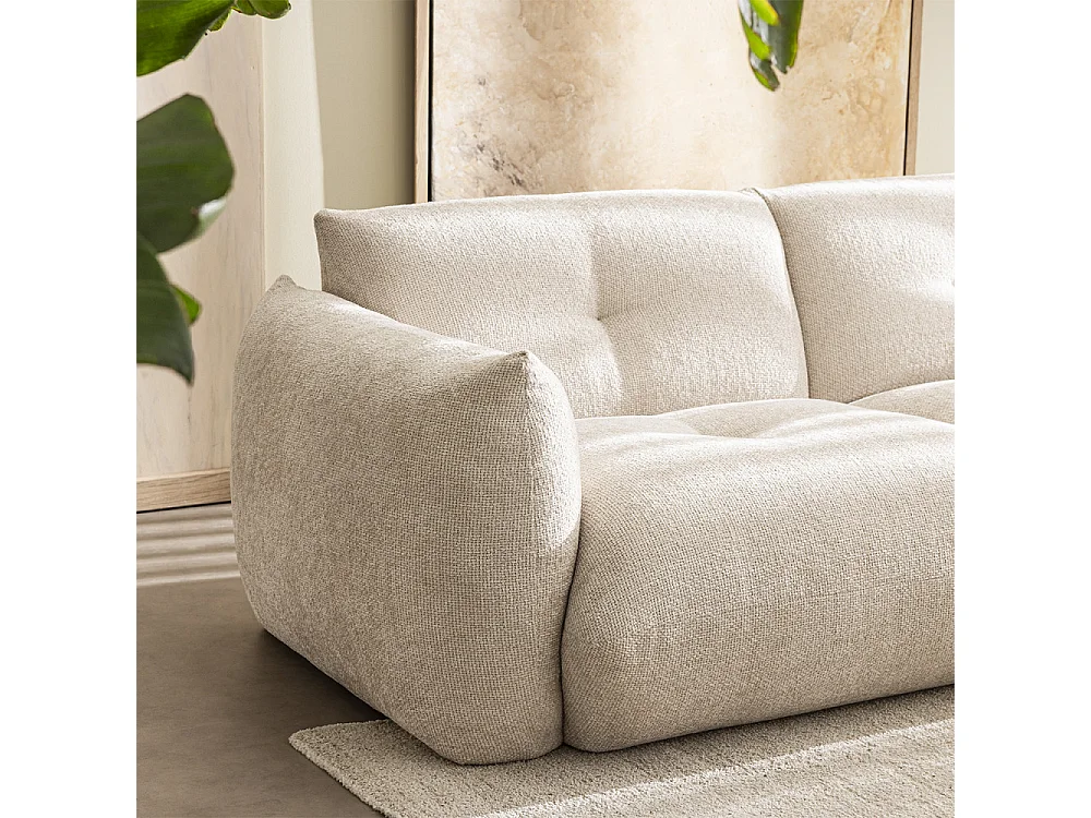 Bocca - Canapé droit 3 places en tissu à dossier capitonné - Écru