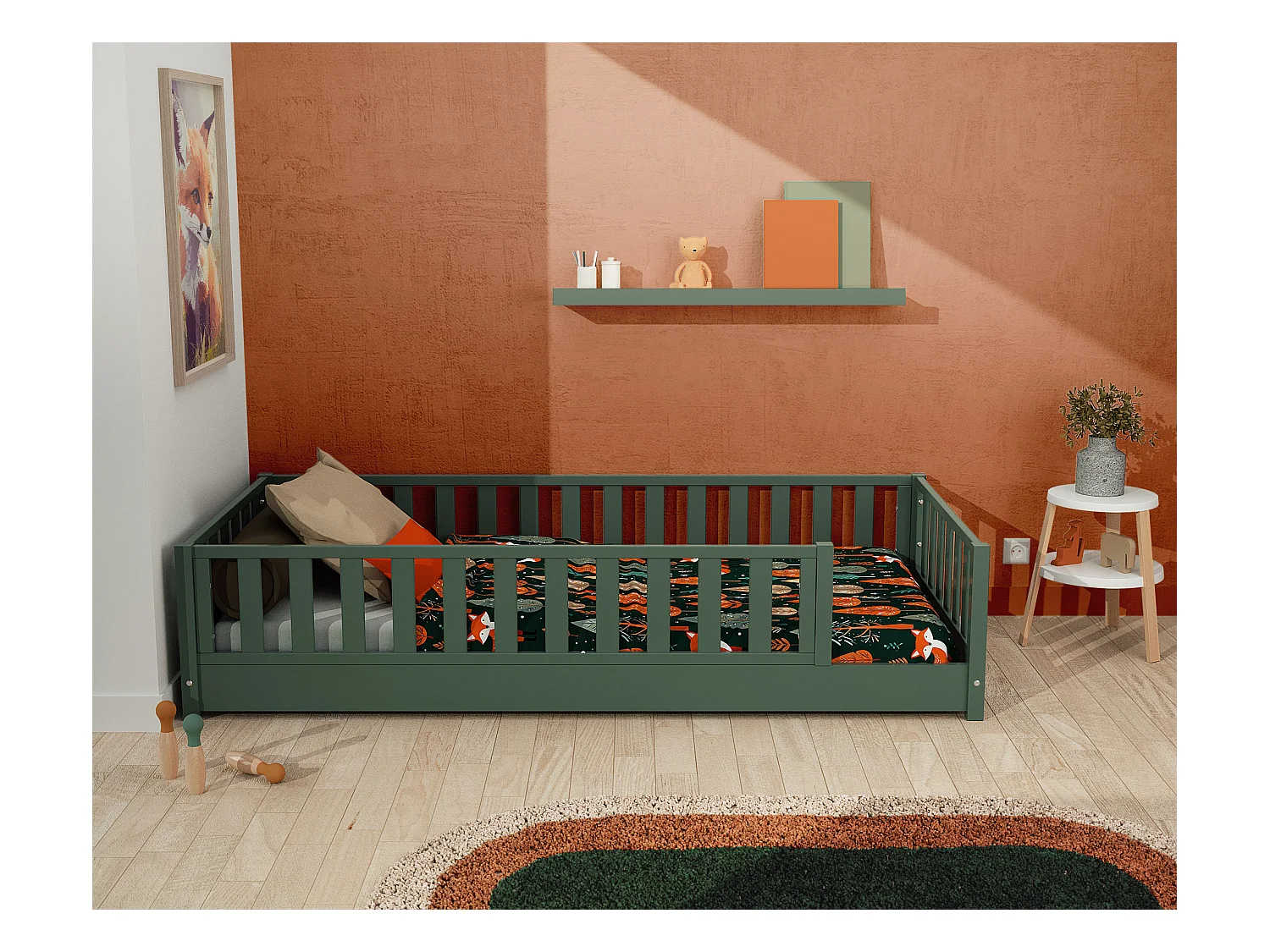 Lit au sol enfant en bois SONHO - 90x190 - Vert sauvage