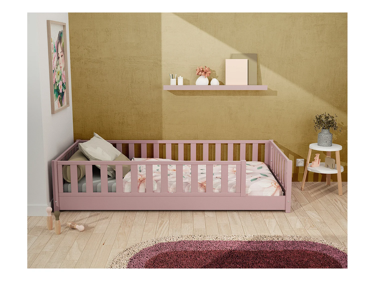 Cama de suelo para niños de madera SONHO - 90x190 - Rosa empolvado