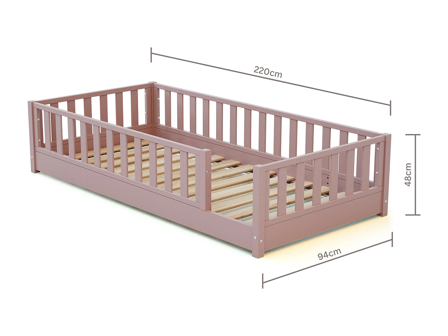 Cama de chão infantil de madeira SONHO - 90x190 - Rosa pó