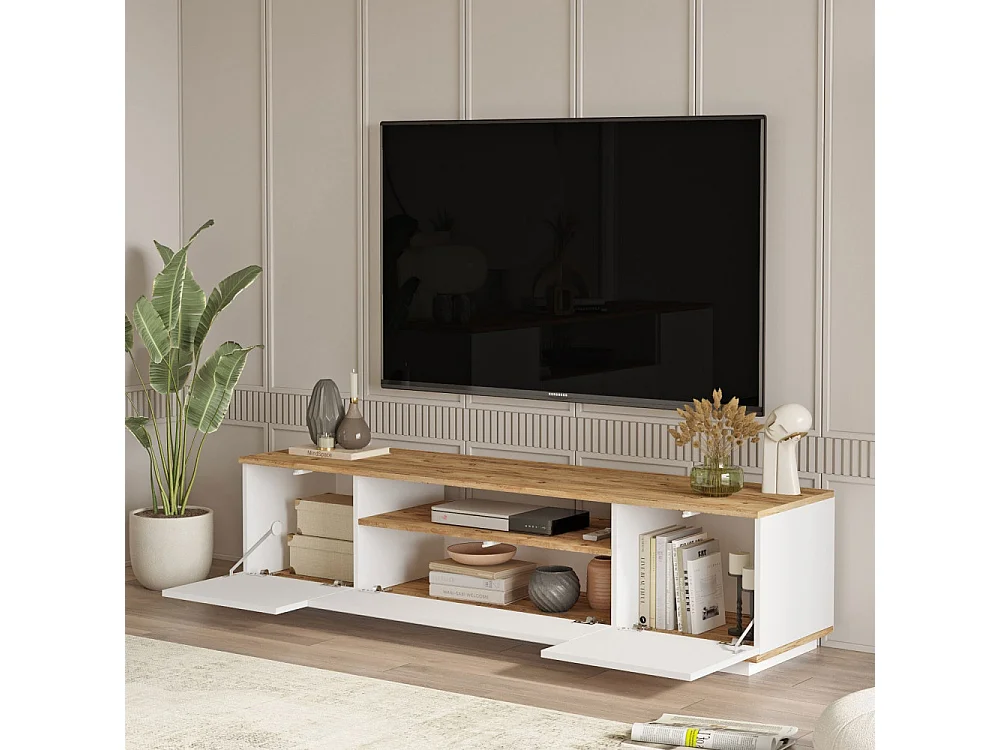 Fritz - Meuble TV 3 portes en bois L180cm - Blanc