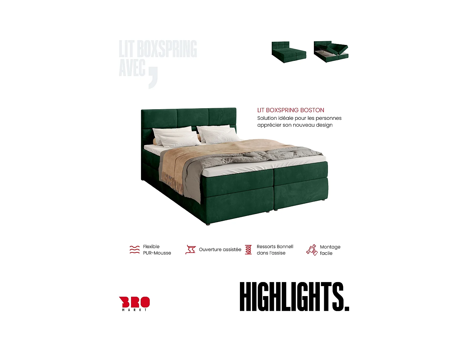 Boxspringbed met hoofdeinde, matras en dekmatras - BOSTON - 140x200 - groente