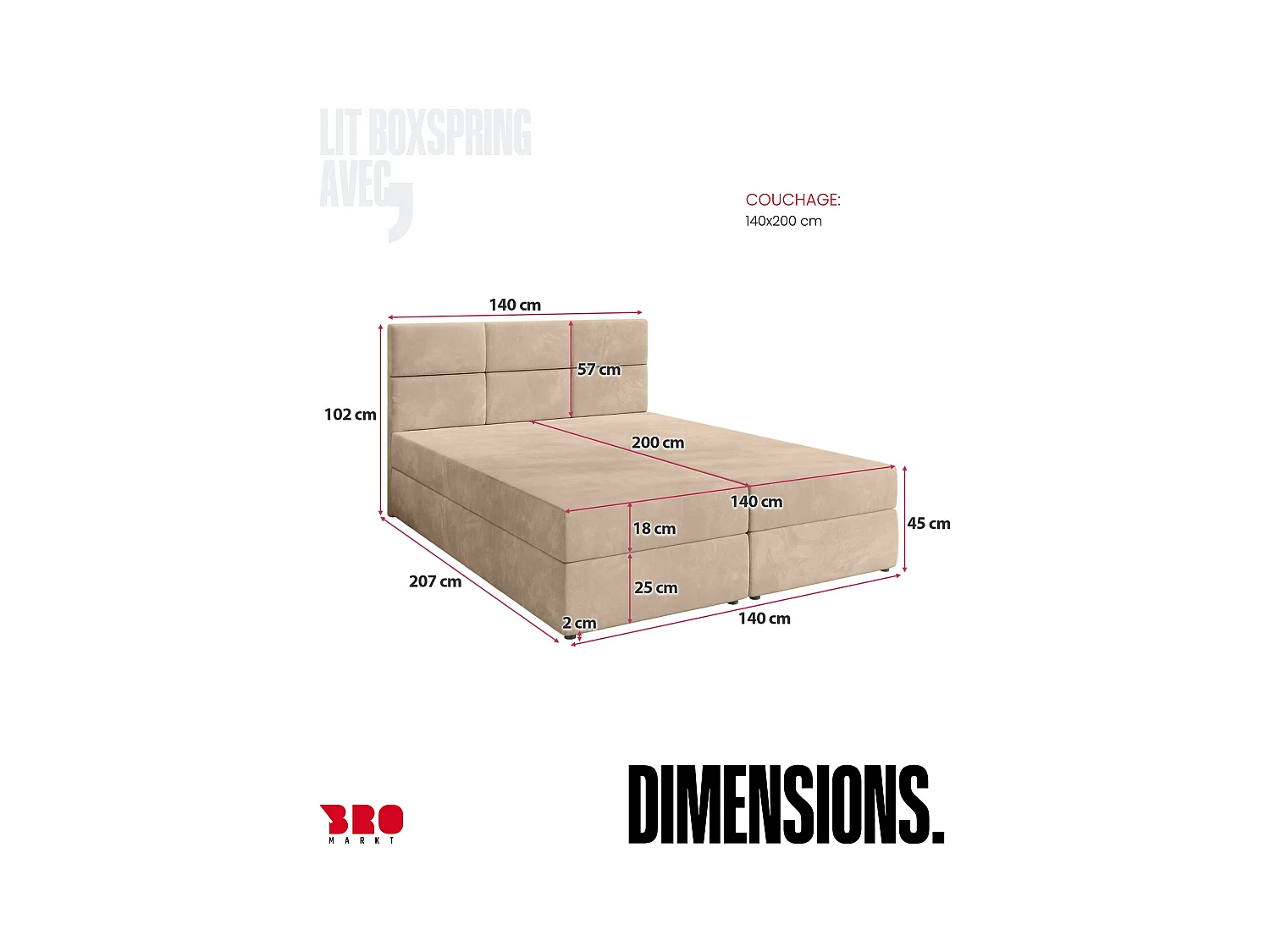Lit boxspring avec rangement BOSTON - matelas - surmatelas - crémeux - 140x200 cm