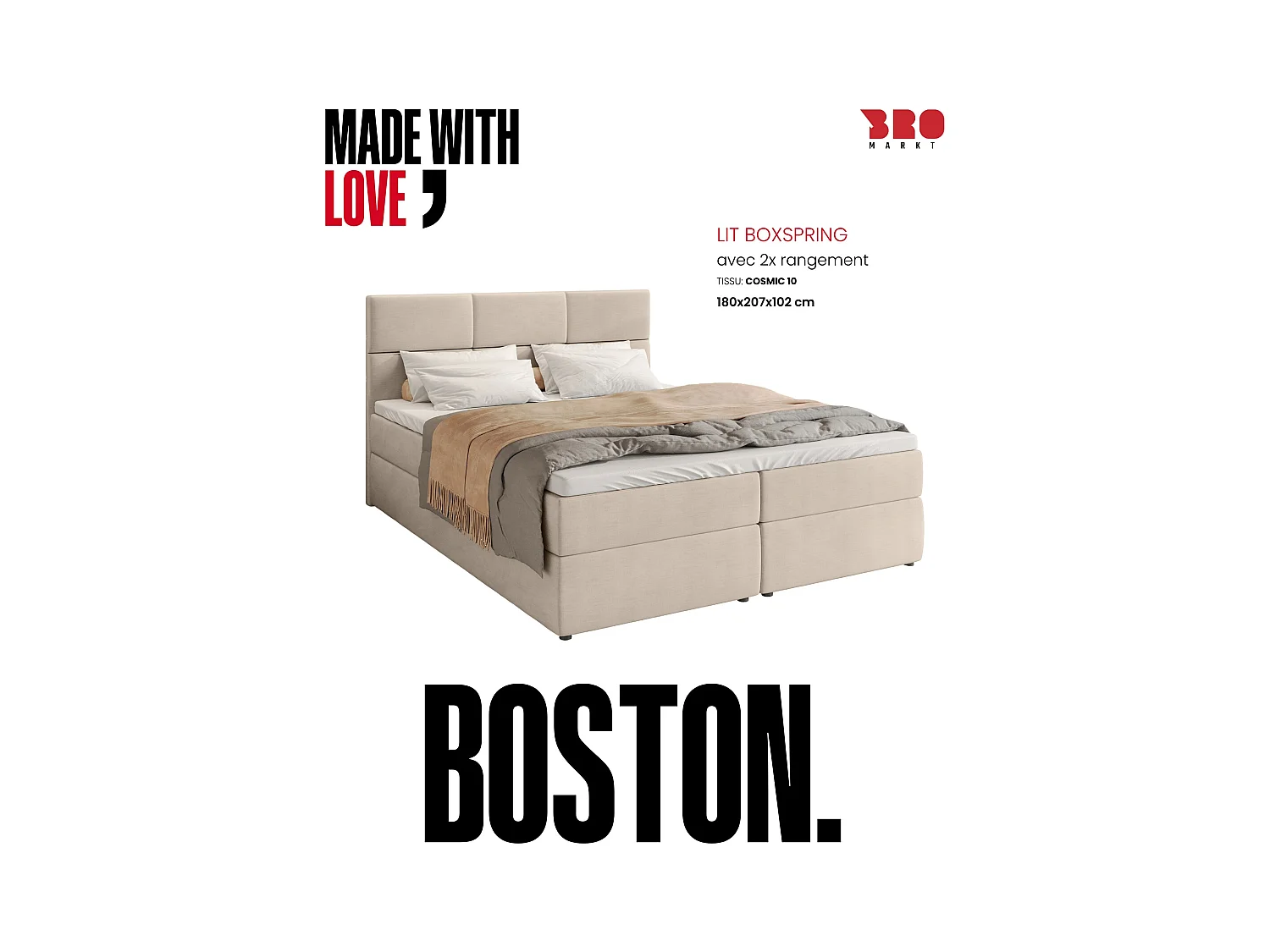 Boxspringbed met hoofdeinde, matras en dekmatras - BOSTON - 180x200 - beige