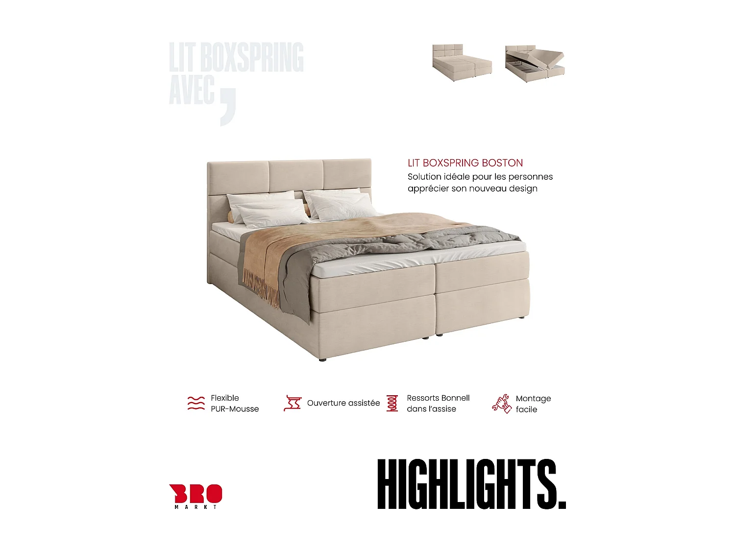Lit boxspring avec rangement BOSTON - matelas - surmatelas - beige - 180x200 cm
