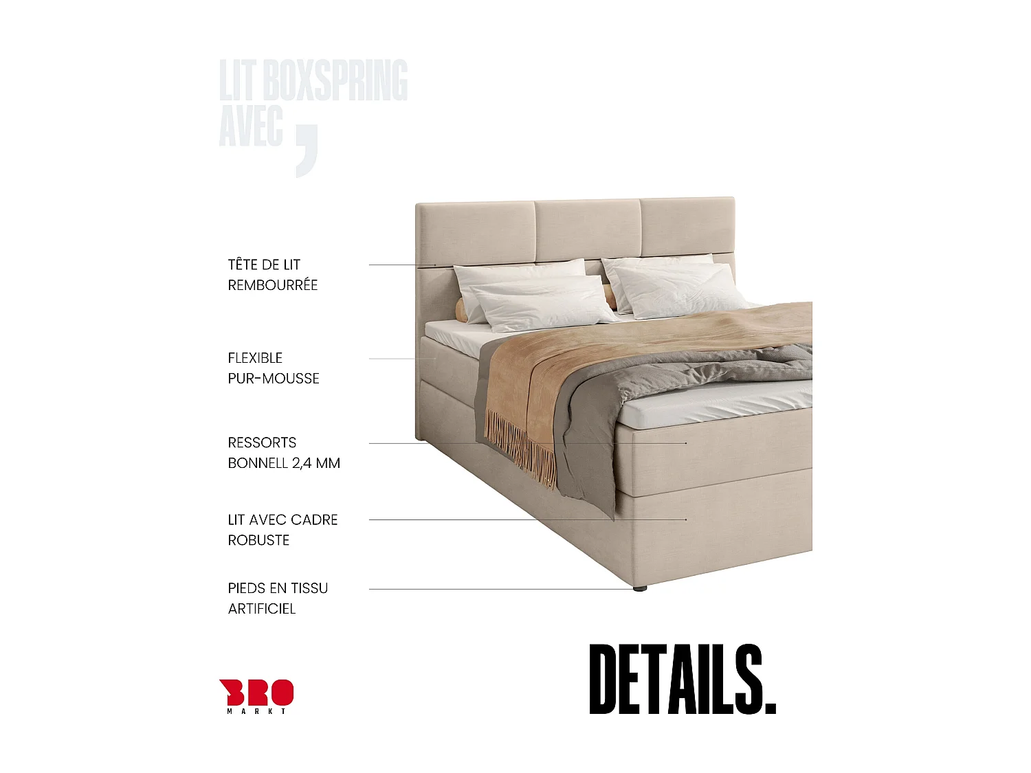 Lit boxspring avec rangement BOSTON - matelas - surmatelas - beige - 180x200 cm