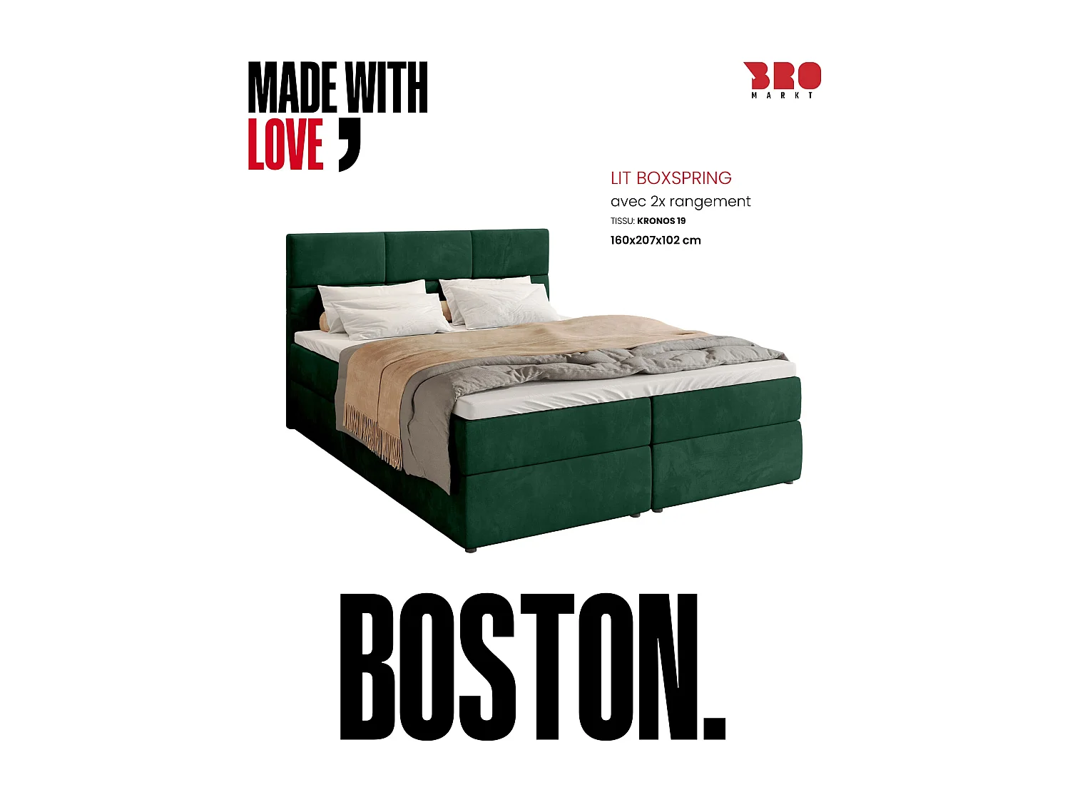Lit boxspring avec rangement BOSTON - matelas - surmatelas - vert - 160x200 cm