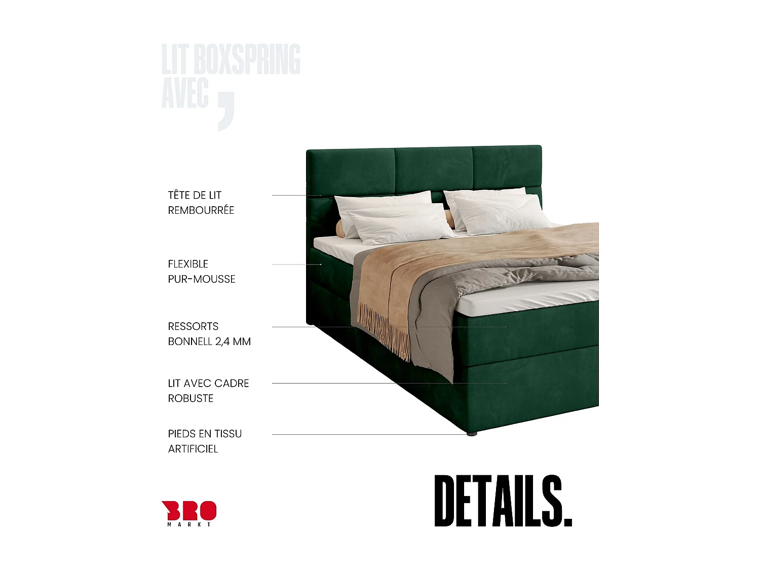 Lit boxspring avec rangement BOSTON - matelas - surmatelas - vert - 160x200 cm