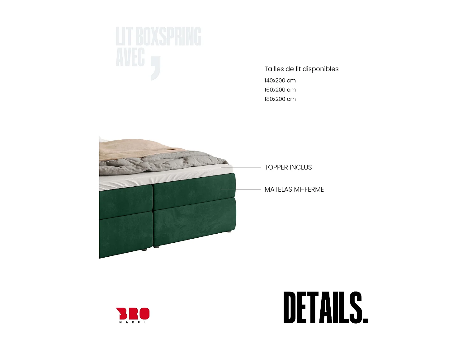 Lit boxspring avec rangement BOSTON - matelas - surmatelas - vert - 160x200 cm
