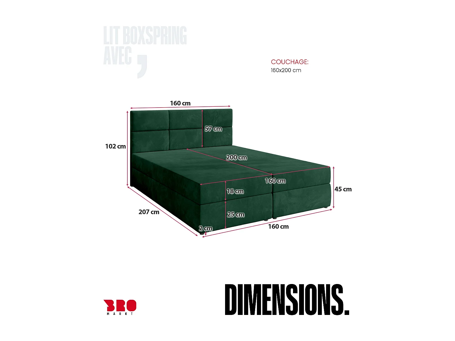 Lit boxspring avec rangement BOSTON - matelas - surmatelas - vert - 160x200 cm