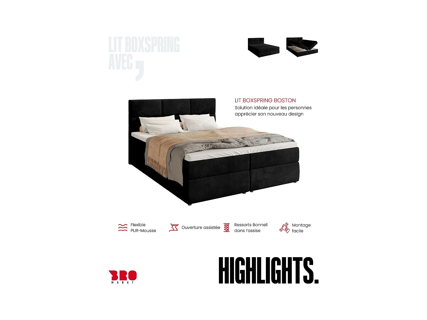 Boxspringbed met hoofdeinde, matras en dekmatras - BOSTON - 180x200 - zwart