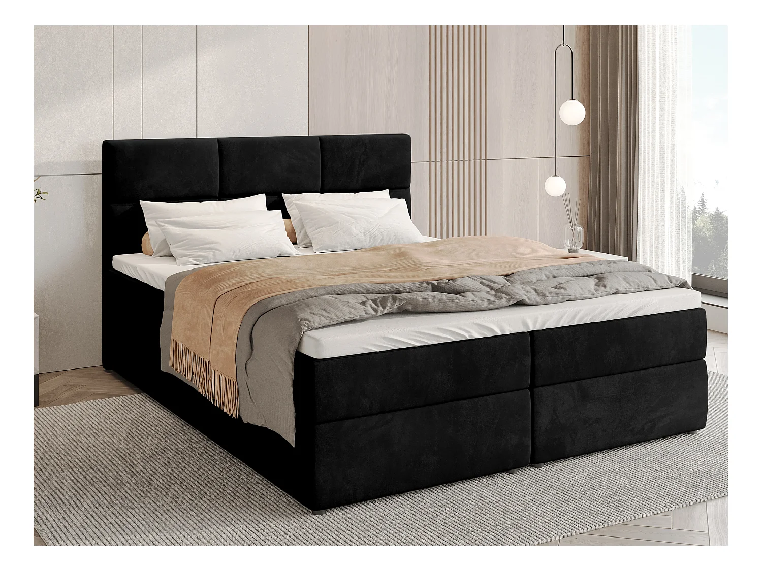 Lit boxspring avec rangement BOSTON - matelas - surmatelas - noir - 180x200 cm