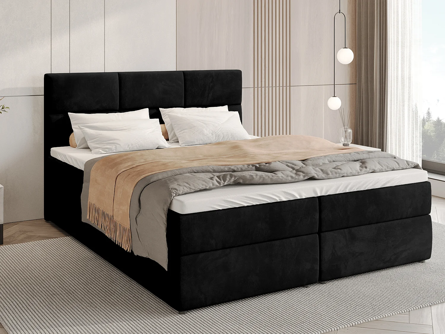 Lit boxspring avec rangement BOSTON - matelas - surmatelas - noir - 180x200 cm
