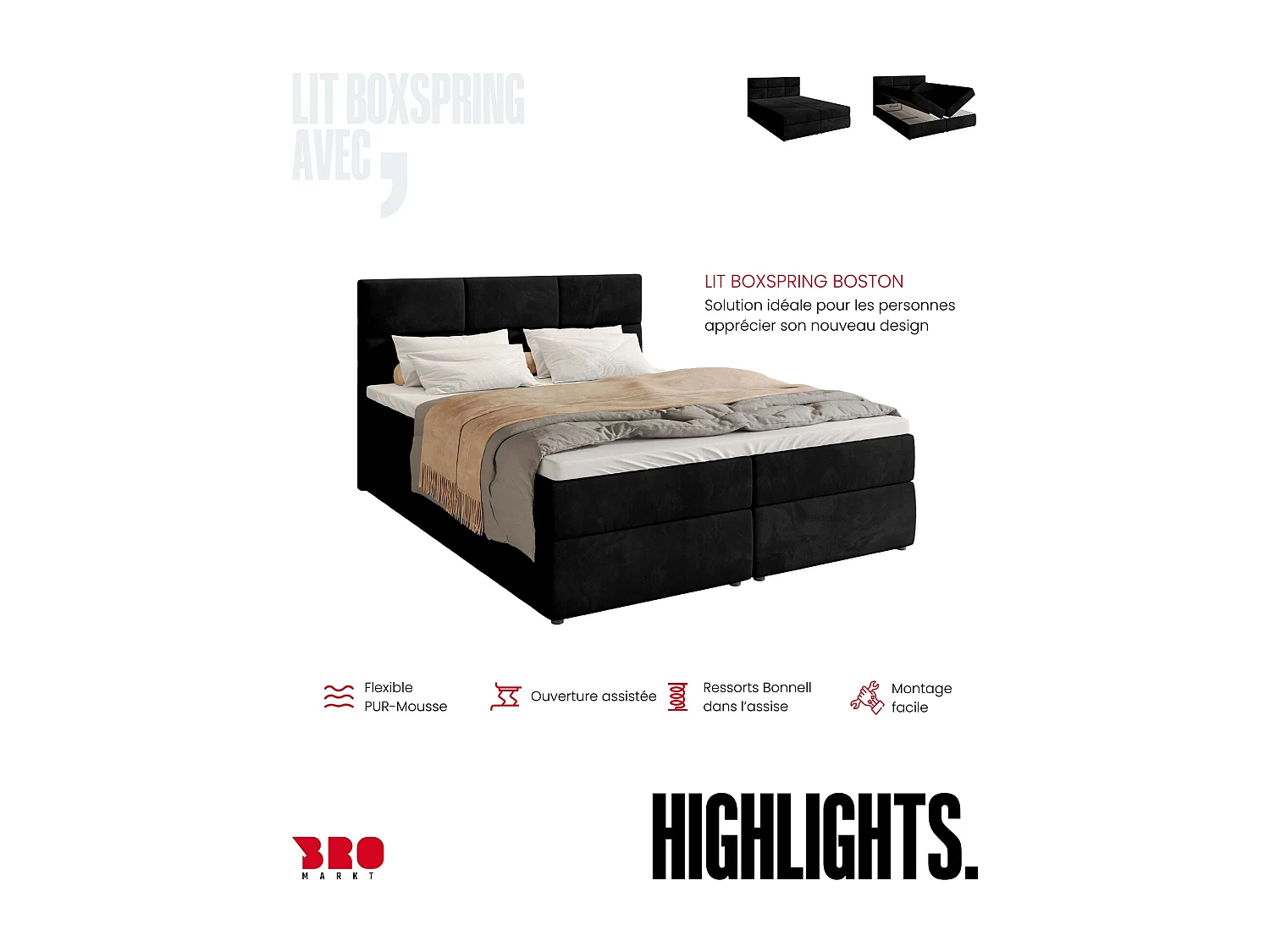 Lit boxspring avec rangement BOSTON - matelas - surmatelas - noir - 180x200 cm