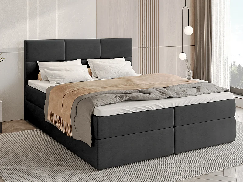 Lit boxspring avec rangement BOSTON - matelas - surmatelas - gris foncé - 140x200 cm