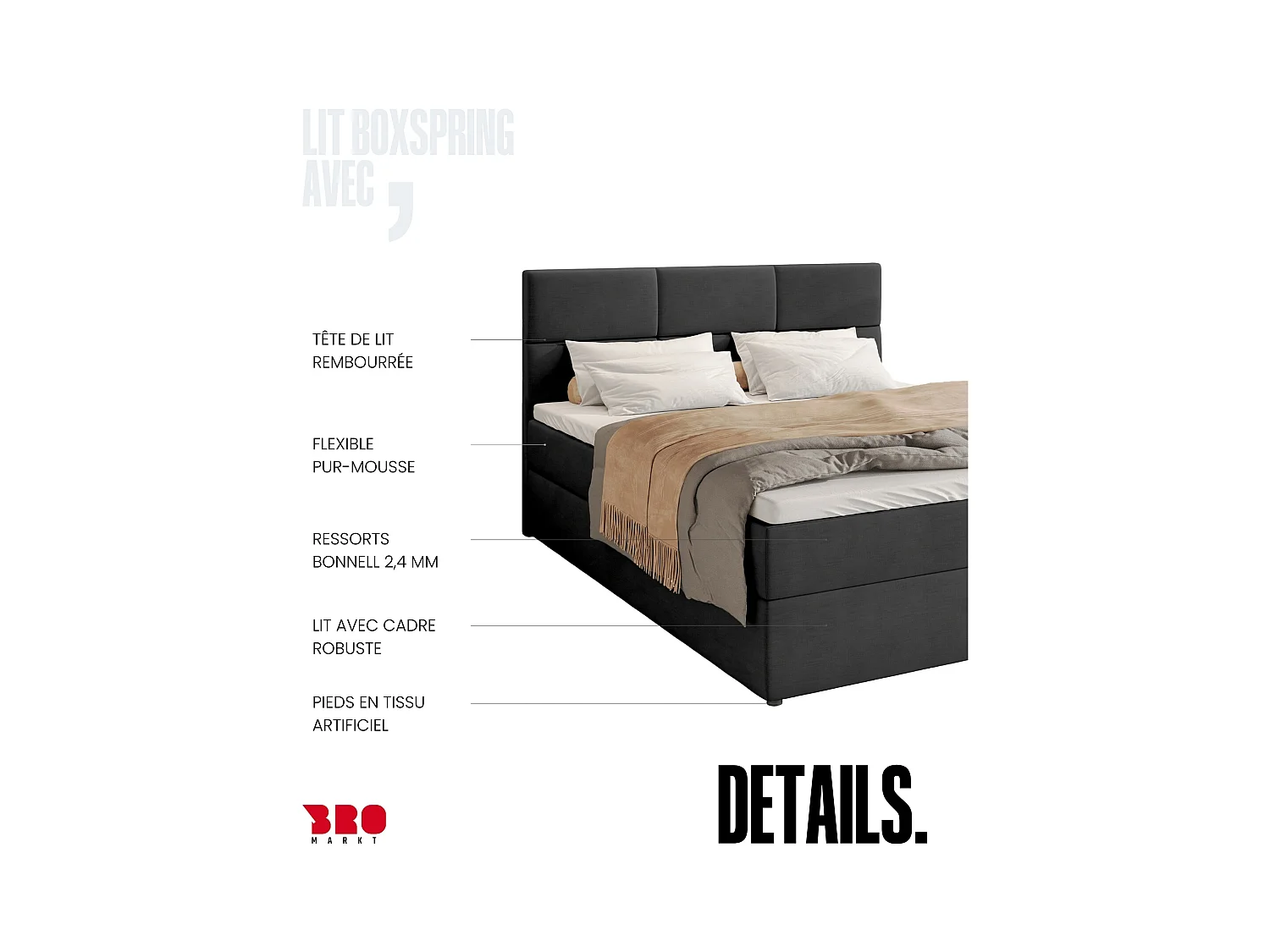 Boxspringbed met hoofdeinde, matras en dekmatras - BOSTON - 140x200 - donkergrijs