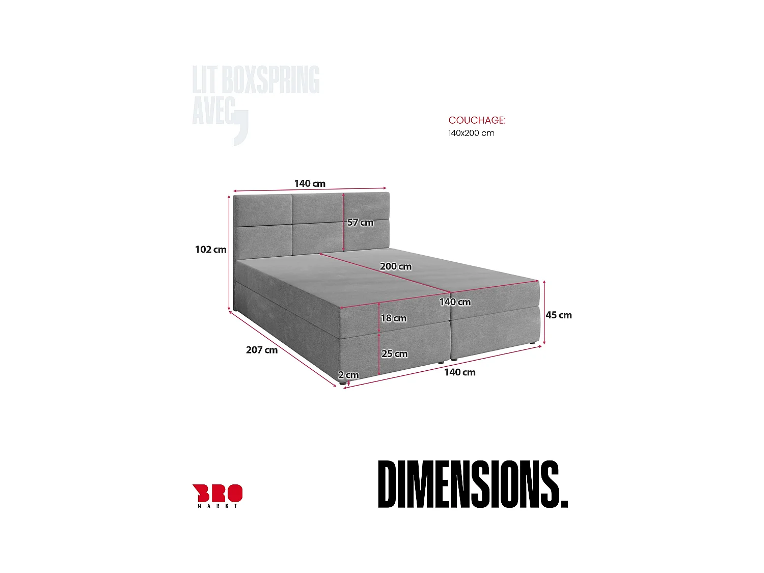 Boxspringbed met hoofdeinde, matras en dekmatras - BOSTON - 140x200 - grijs