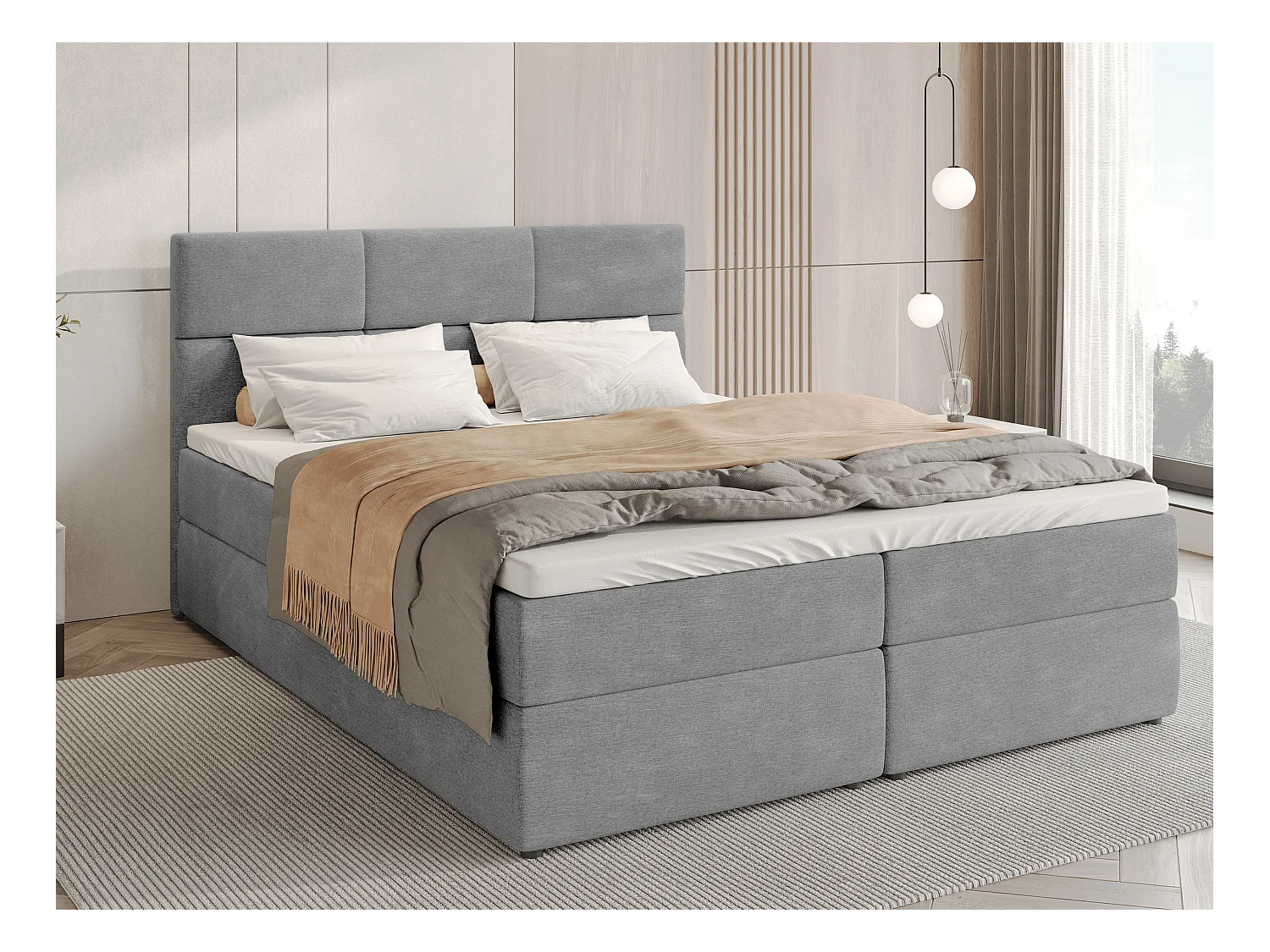 Lit boxspring avec rangement BOSTON - matelas - surmatelas - gris - 140x200 cm