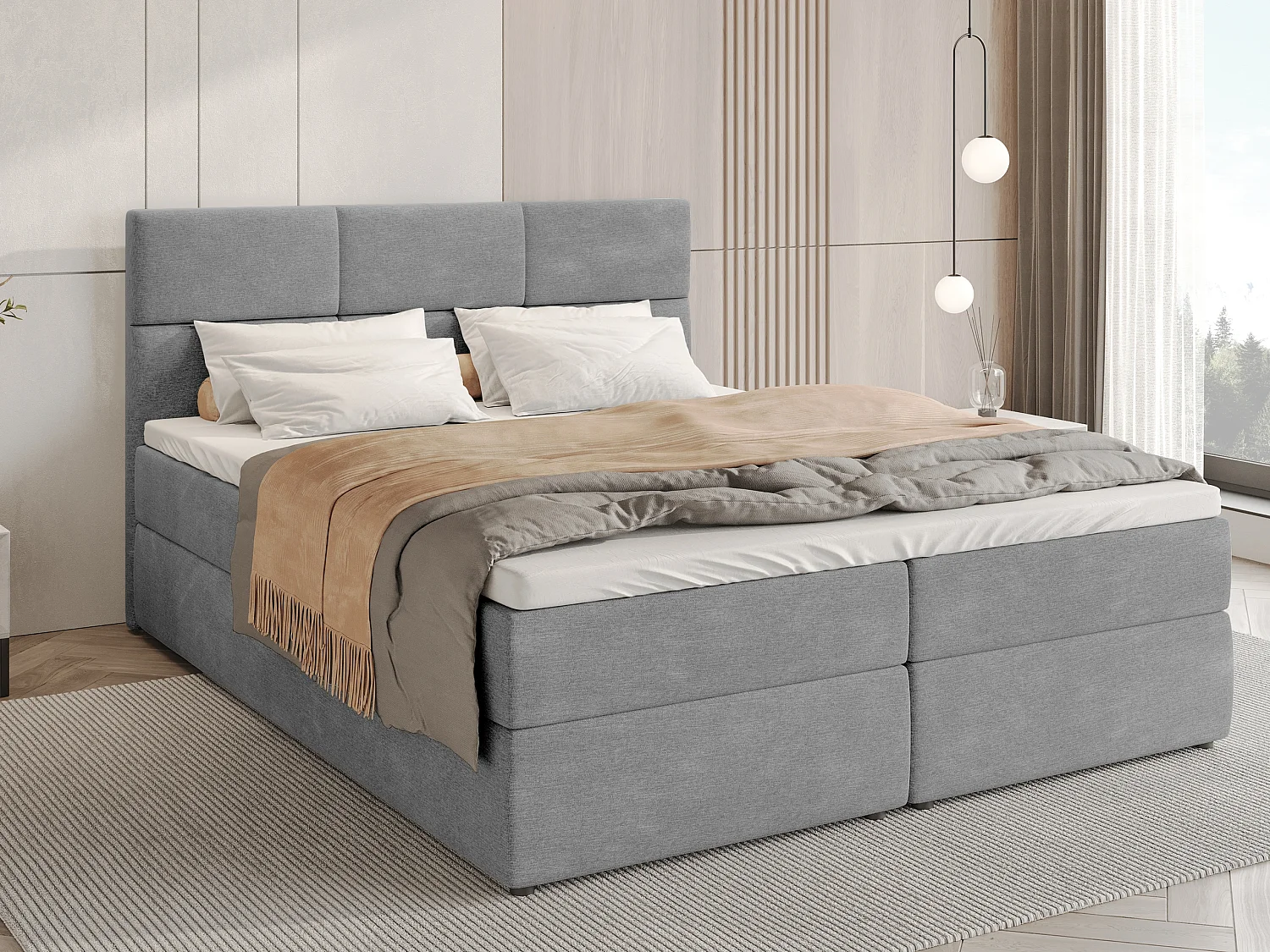 Lit boxspring avec rangement BOSTON - matelas - surmatelas - gris - 140x200 cm