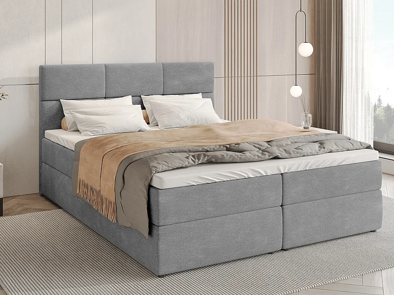 Lit boxspring avec rangement BOSTON - matelas - surmatelas - gris - 140x200 cm