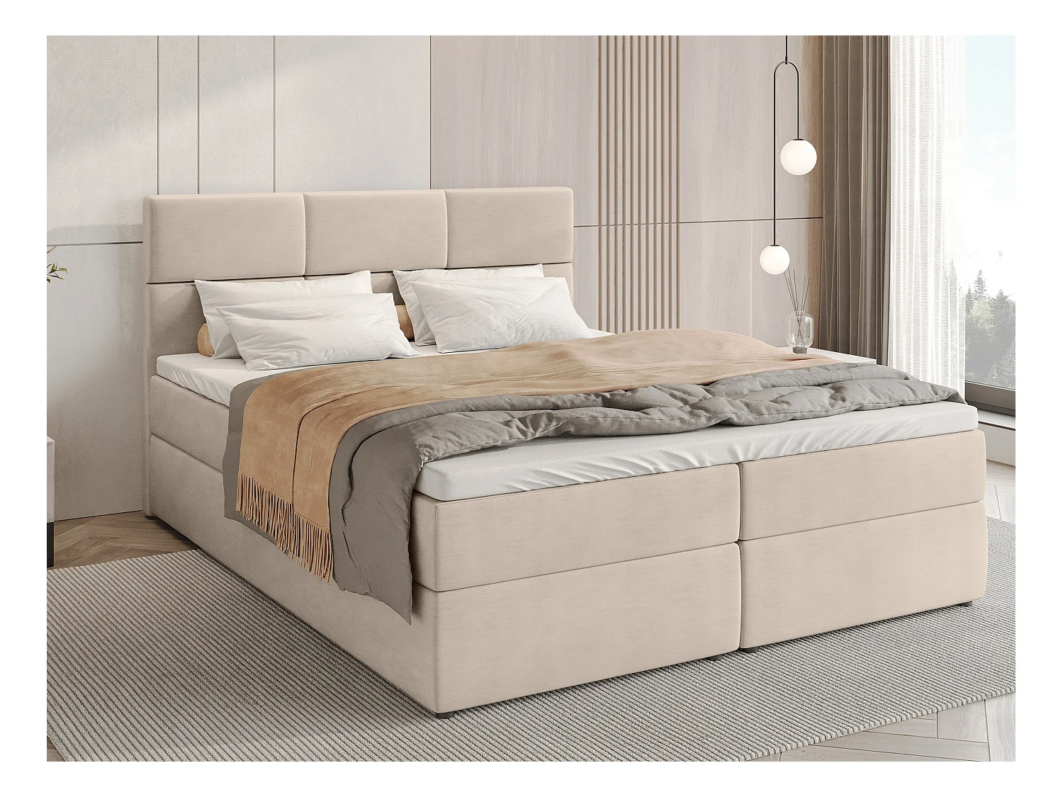 Lit boxspring avec rangement BOSTON - matelas - surmatelas - beige - 140x200 cm