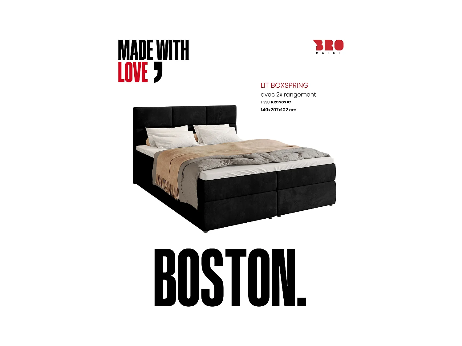 Boxspringbed met hoofdeinde, matras en dekmatras - BOSTON - 140x200 - zwart