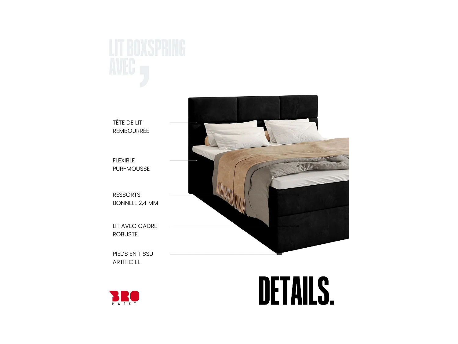 Boxspringbed met hoofdeinde, matras en dekmatras - BOSTON - 140x200 - zwart