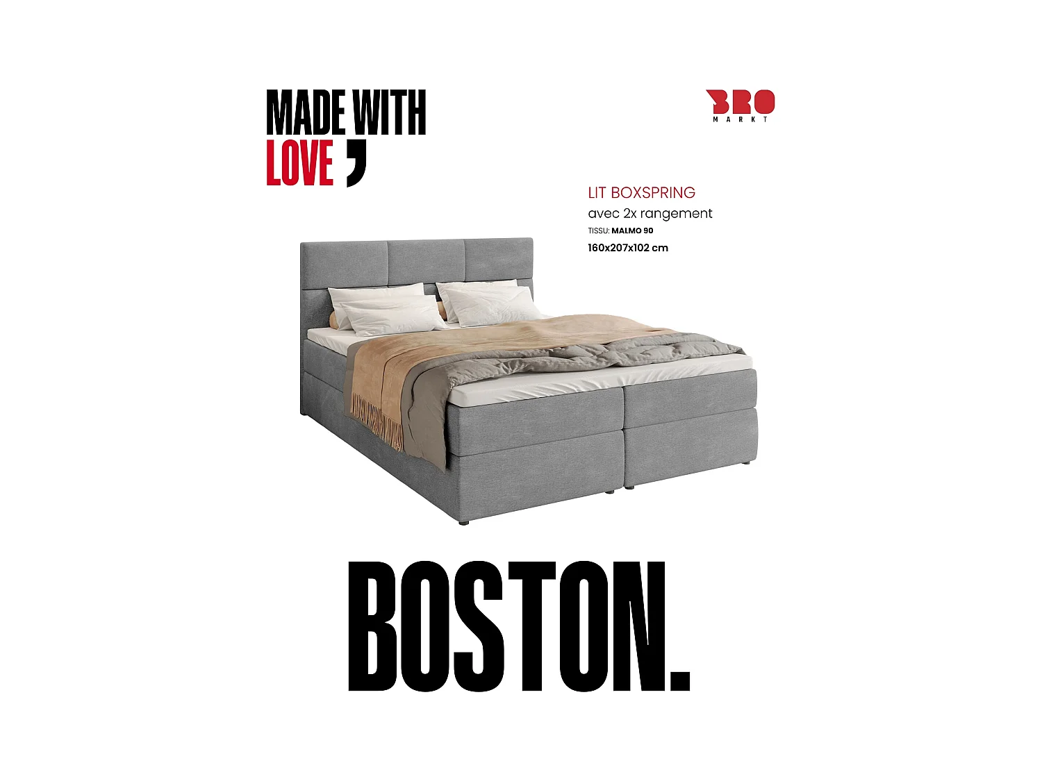 Boxspringbed met hoofdeinde, matras en dekmatras - BOSTON - 160x200 - grijs