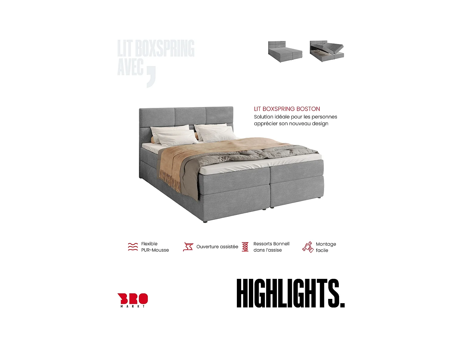 Boxspringbed met hoofdeinde, matras en dekmatras - BOSTON - 160x200 - grijs