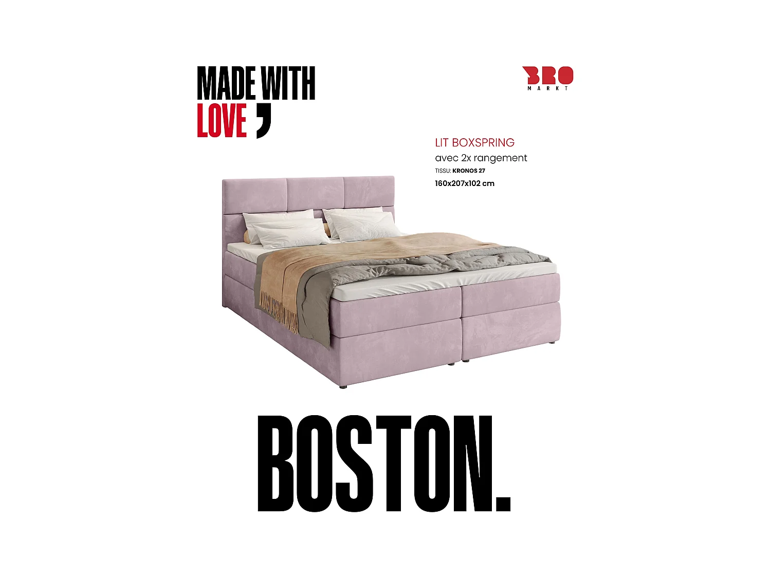 Boxspringbed met hoofdeinde, matras en dekmatras - BOSTON - 160x200 - poederroze