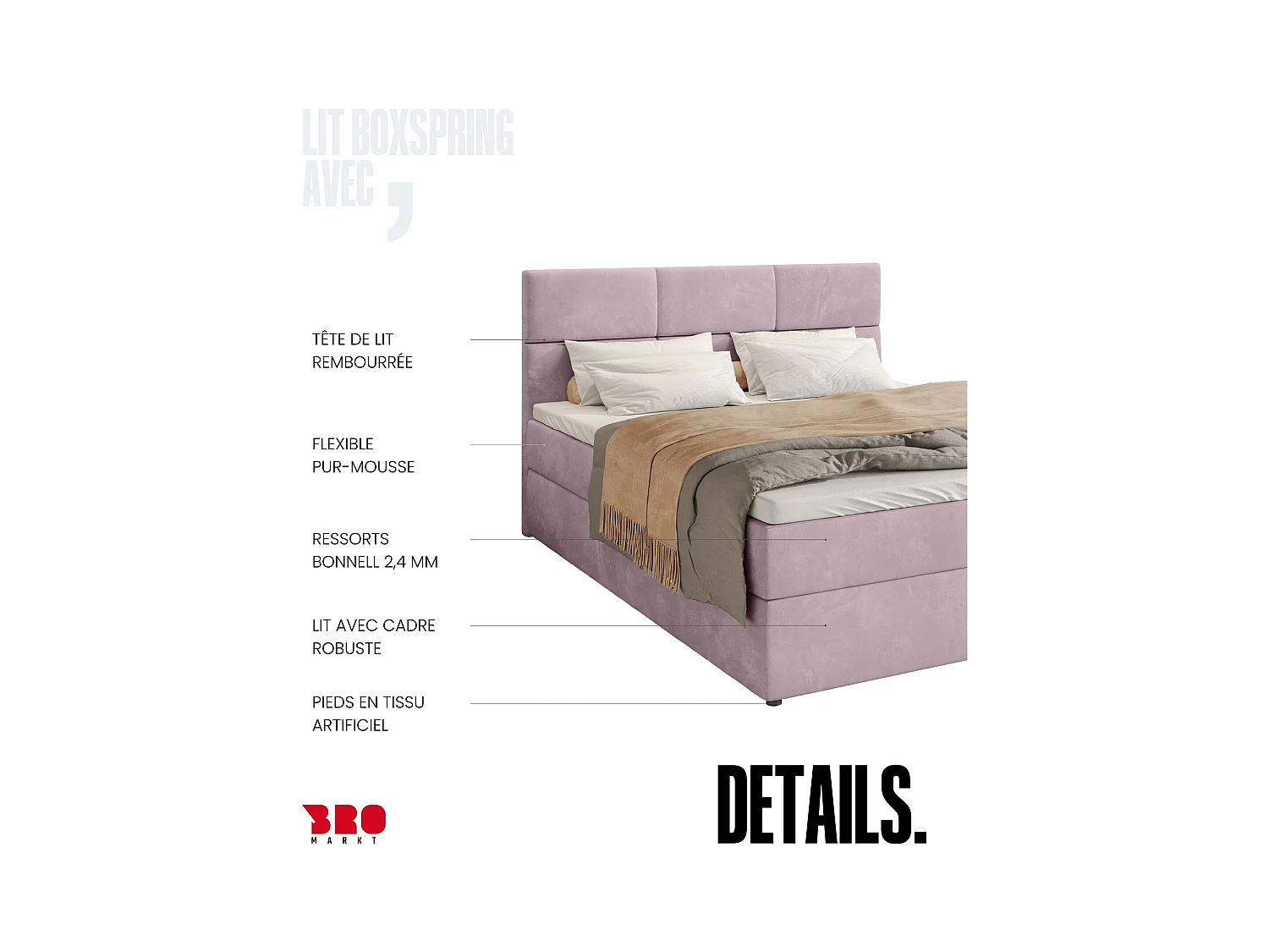 Boxspringbed met hoofdeinde, matras en dekmatras - BOSTON - 160x200 - poederroze