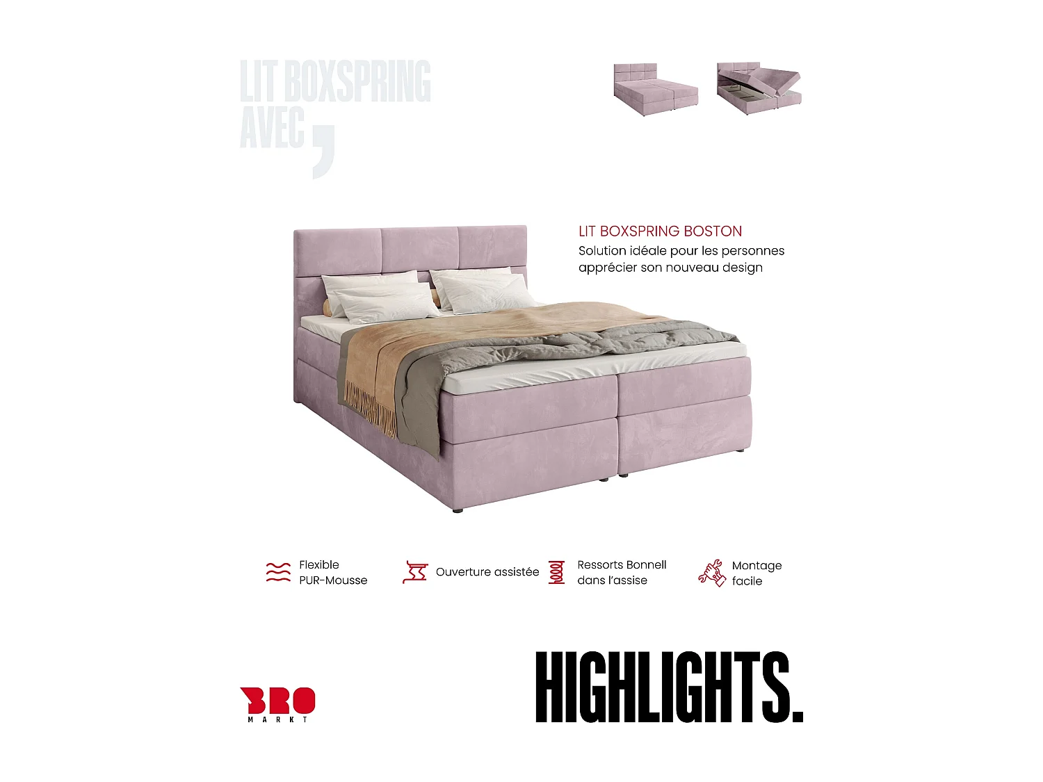 Lit boxspring avec rangement BOSTON - matelas - surmatelas - rose - 160x200 cm
