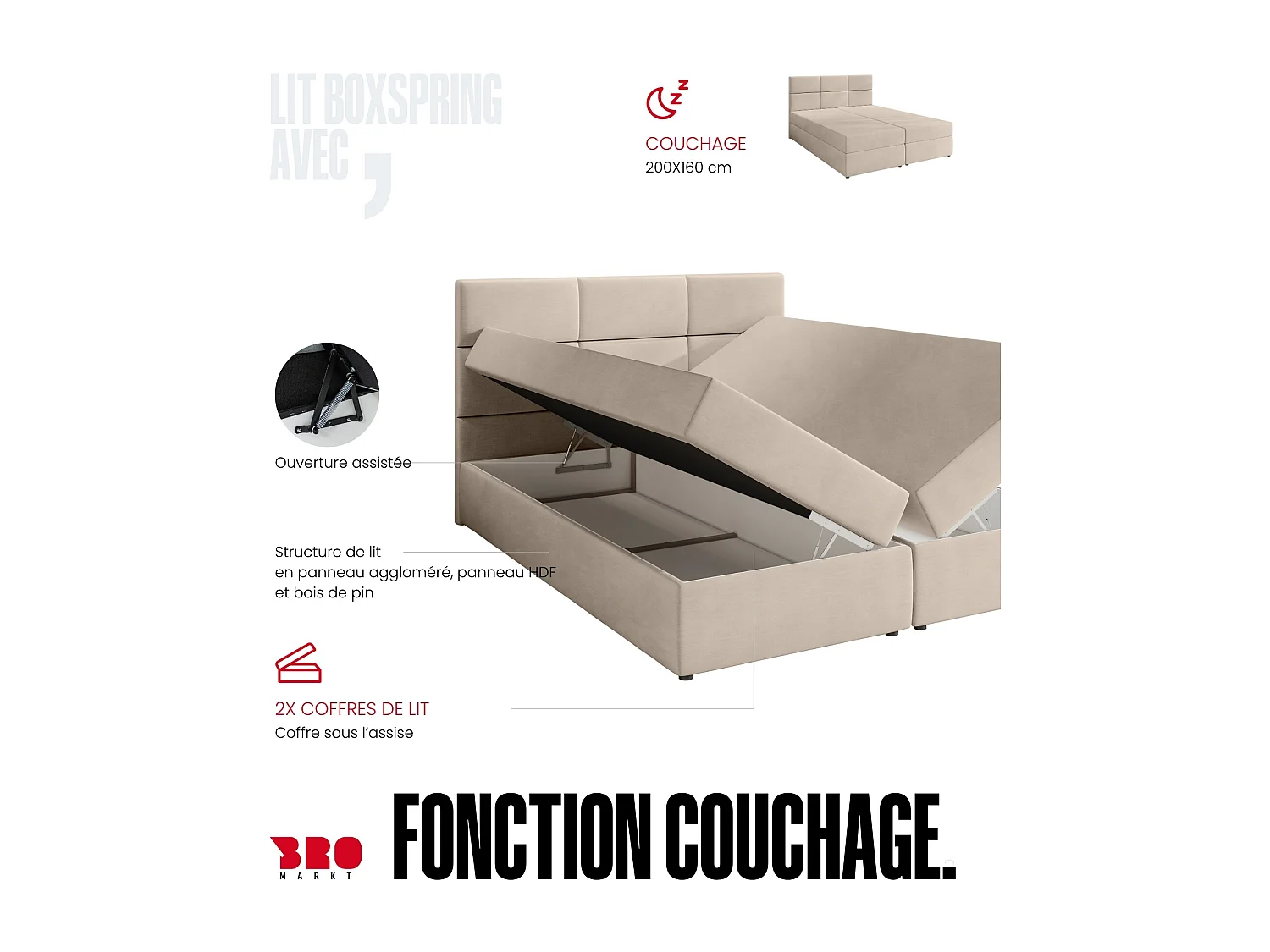 Lit boxspring avec rangement BOSTON - matelas - surmatelas - rose - 160x200 cm