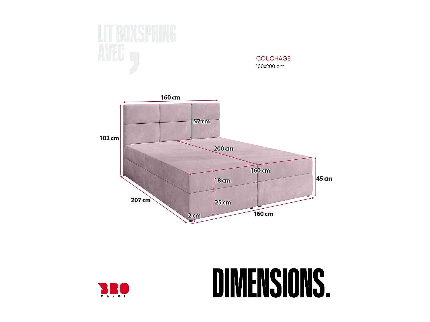 Lit boxspring avec rangement BOSTON - matelas - surmatelas - rose - 160x200 cm