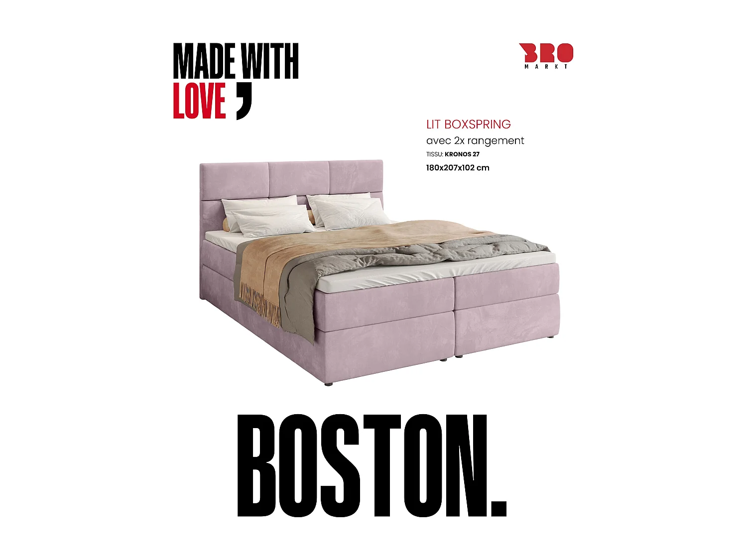 Lit boxspring avec rangement BOSTON - matelas - surmatelas - rose - 180x200 cm
