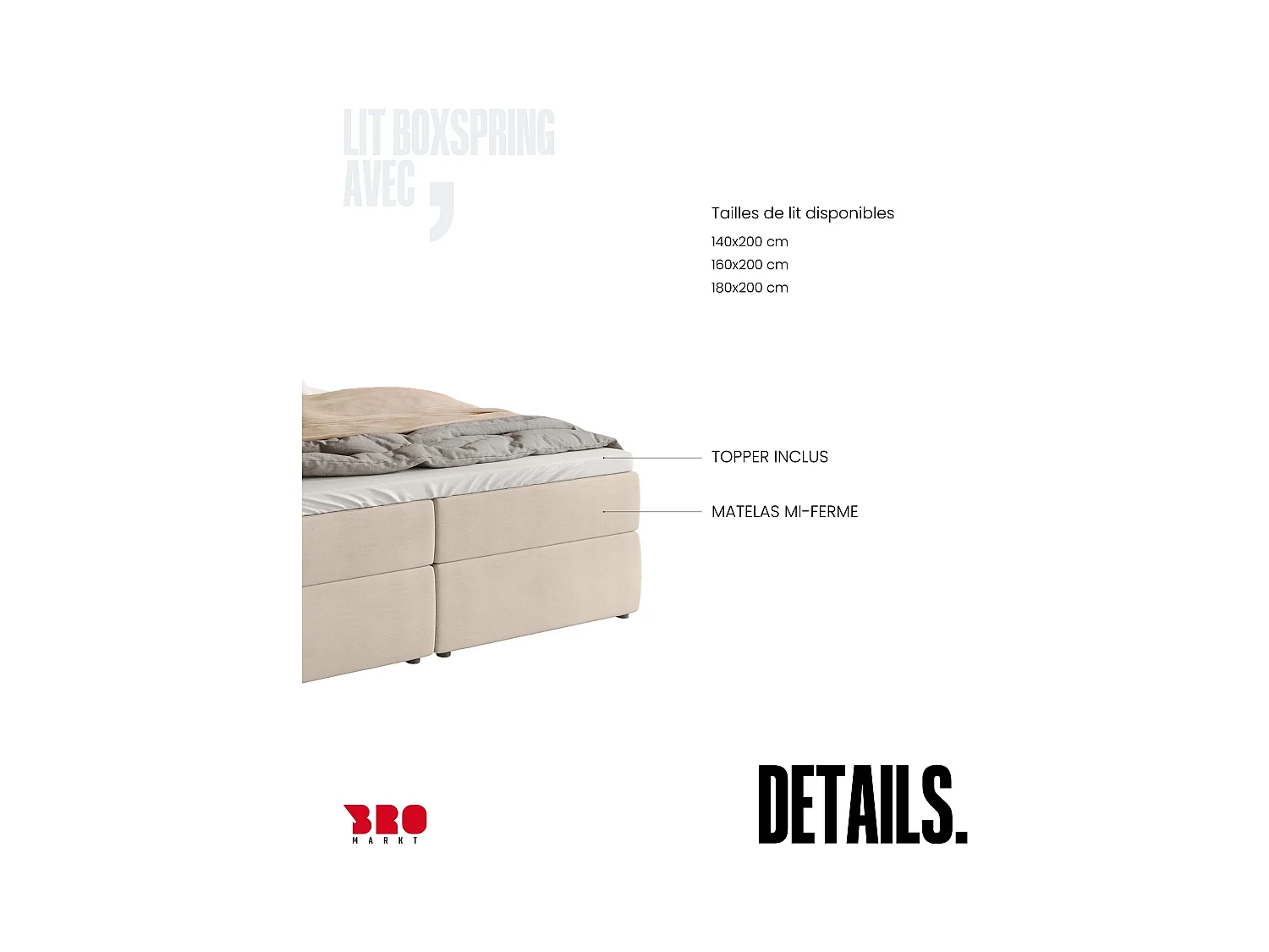 Boxspringbed met hoofdeinde, matras en dekmatras - BOSTON - 160x200 - beige