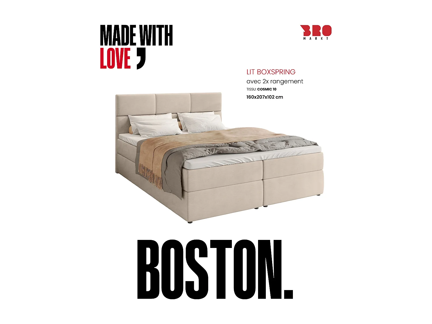 Lit boxspring avec rangement BOSTON - matelas - surmatelas - beige - 160x200 cm