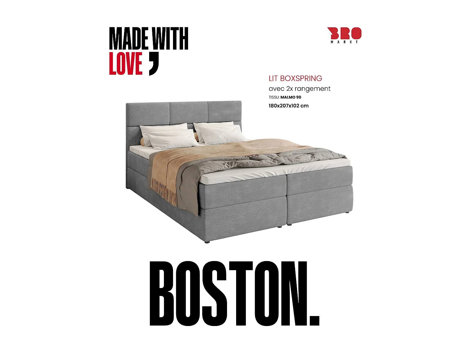 Lit boxspring avec rangement BOSTON - matelas - surmatelas - gris - 180x200 cm