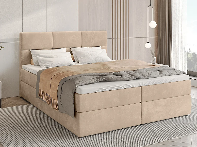 Lit boxspring avec rangement BOSTON - matelas - surmatelas - crémeux - 180x200 cm
