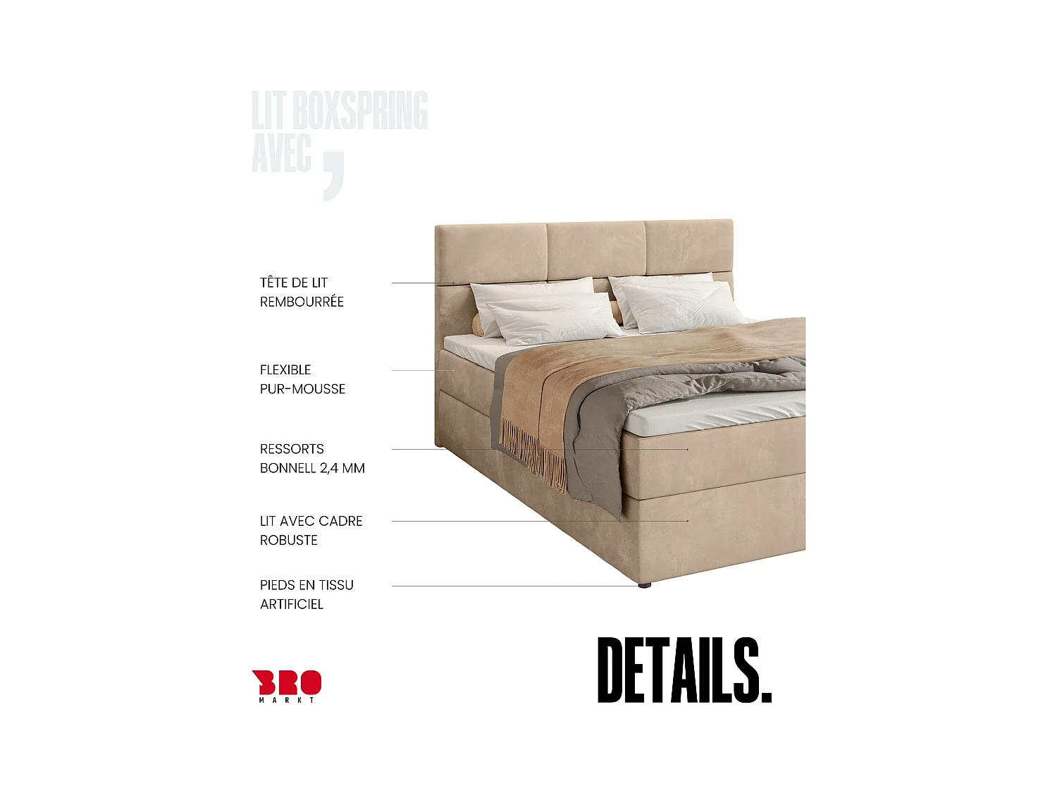 Lit boxspring avec rangement BOSTON - matelas - surmatelas - crémeux - 180x200 cm