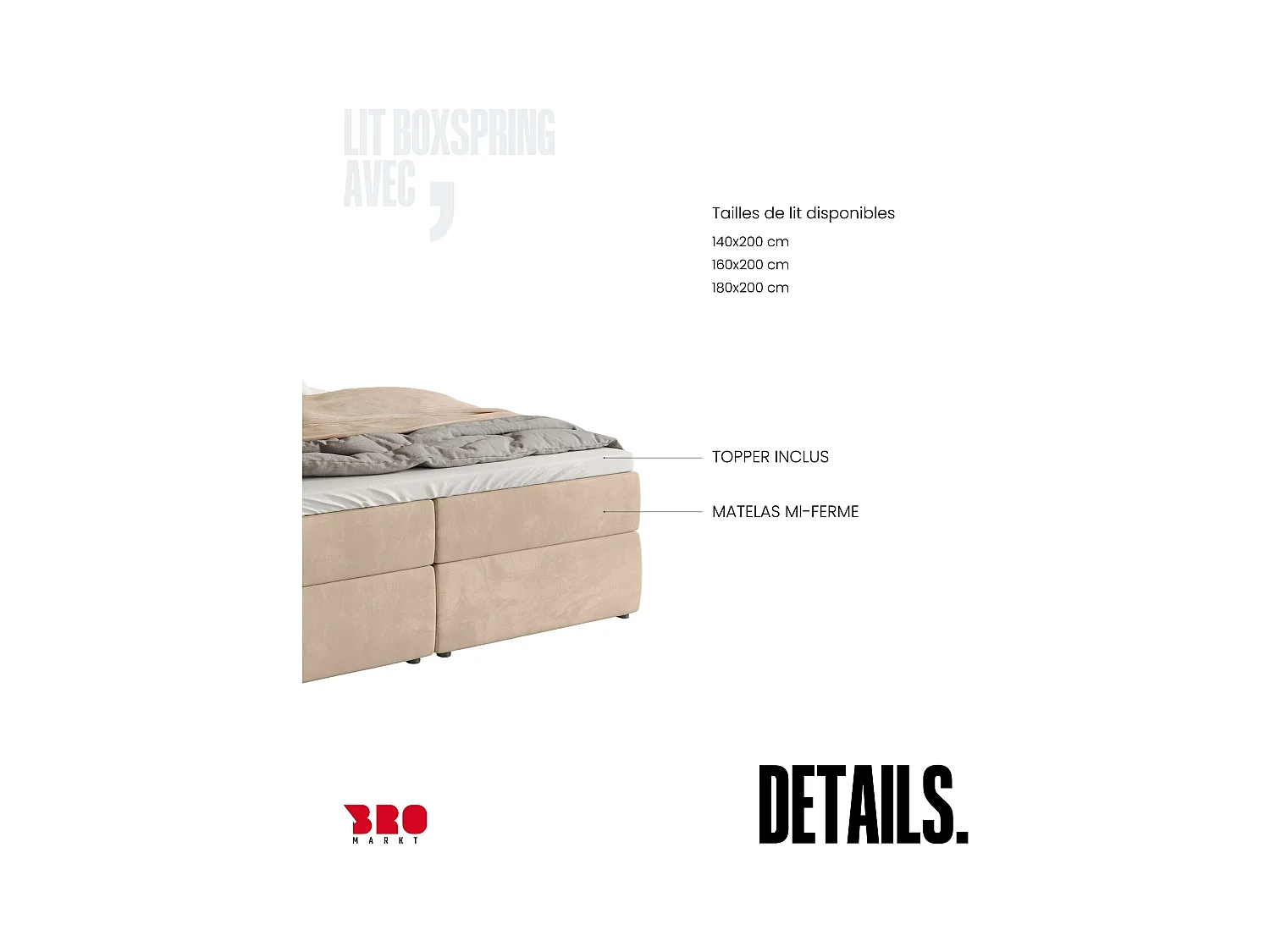Lit boxspring avec rangement BOSTON - matelas - surmatelas - crémeux - 180x200 cm