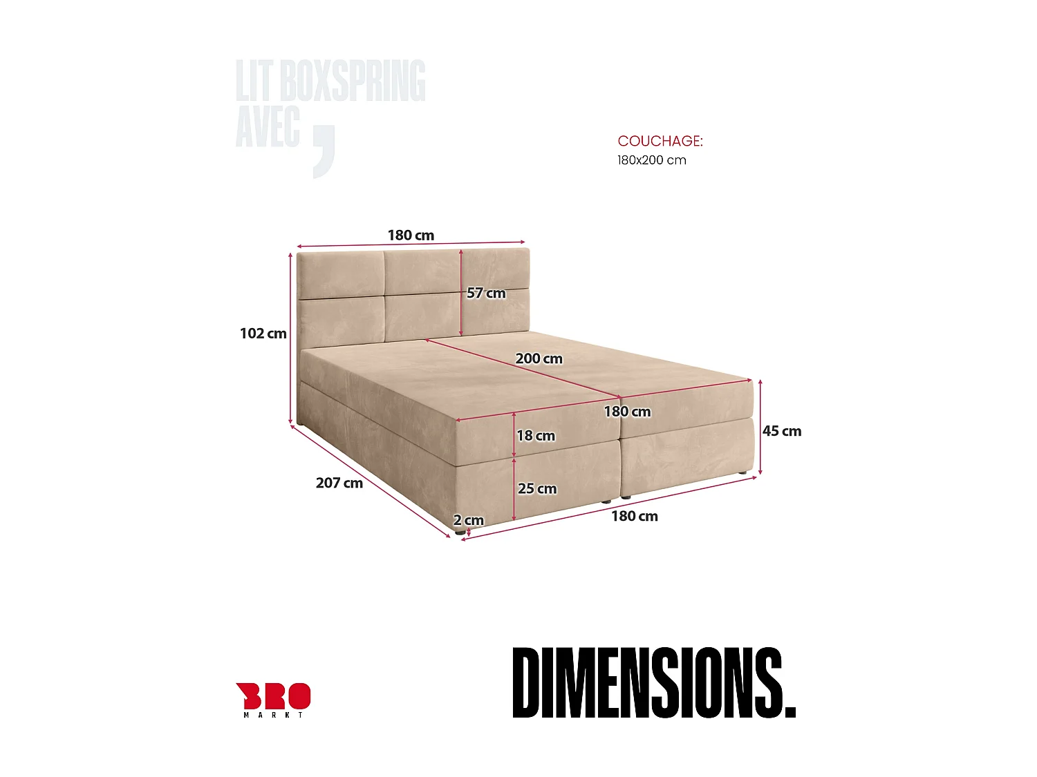 Boxspringbed met hoofdeinde, matras en dekmatras - BOSTON - 180x200 - lichtbeige